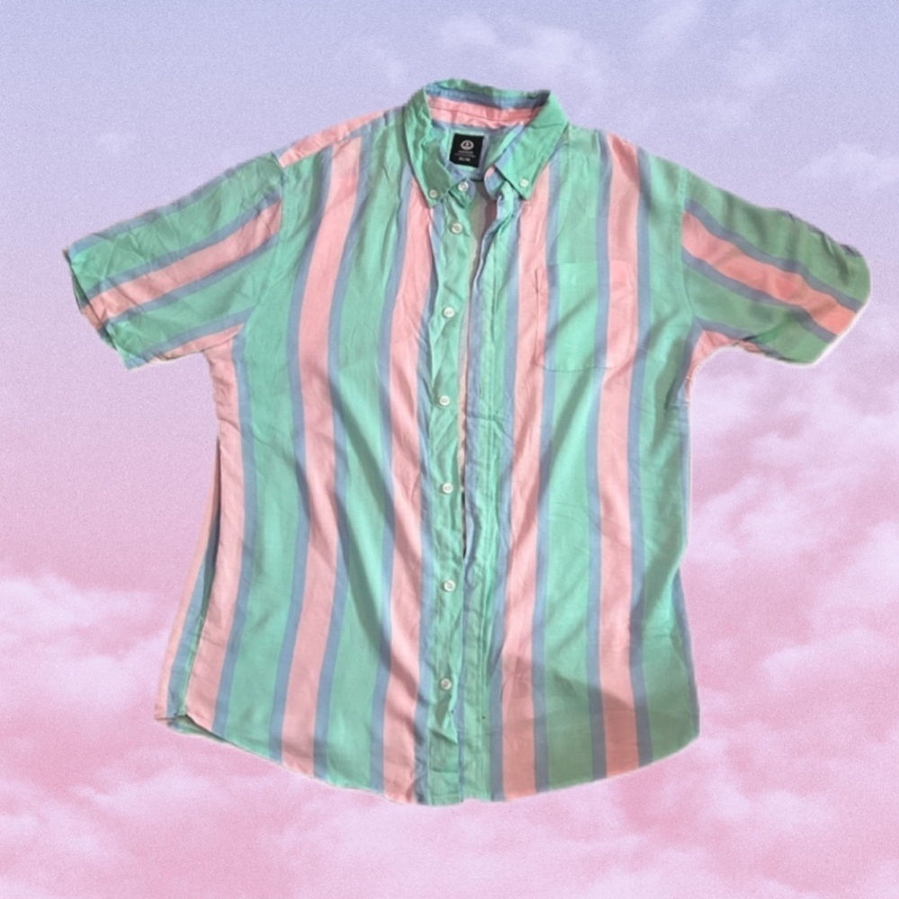 Striped Teal Green and Pink Button-Up Retro Style Shirt